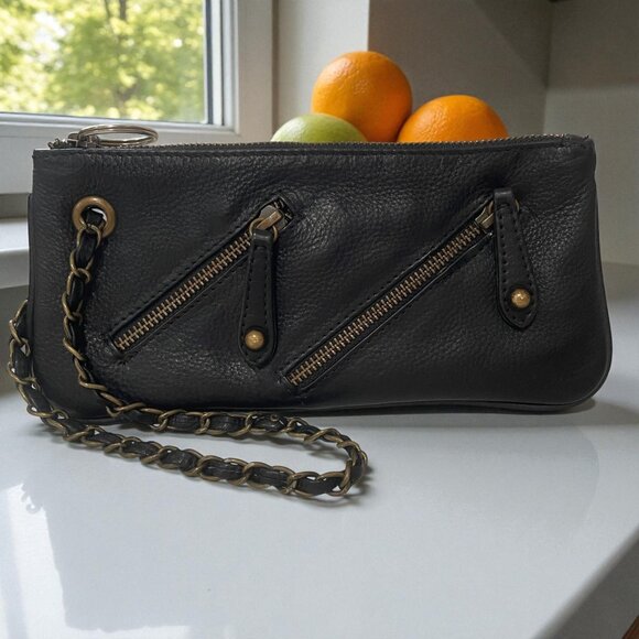 Betsey Johnson Black Leather Wristlet Punk Rock Clutch Chain Zipper Edgy Bag - Picture 1 of 7